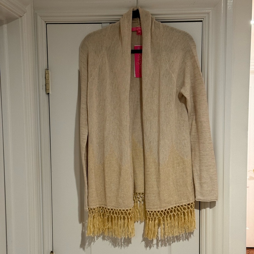 NWT Lilly Pulitzer Tatum Long Fringe Hem Cardigan in Gold Metallic Size Medium - Picture 5 of 11